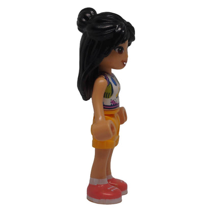 LEGO® Friends Liann frnd0776 mini-doll side view showing long black hair and bright light orange shorts
