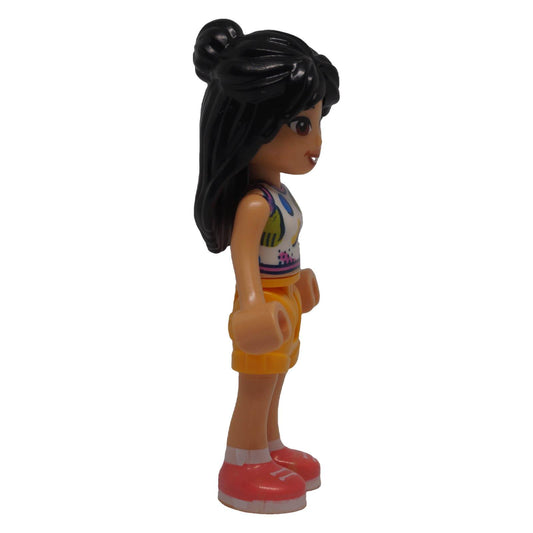 LEGO® Friends Liann frnd0776 mini-doll side view showing long black hair and bright light orange shorts