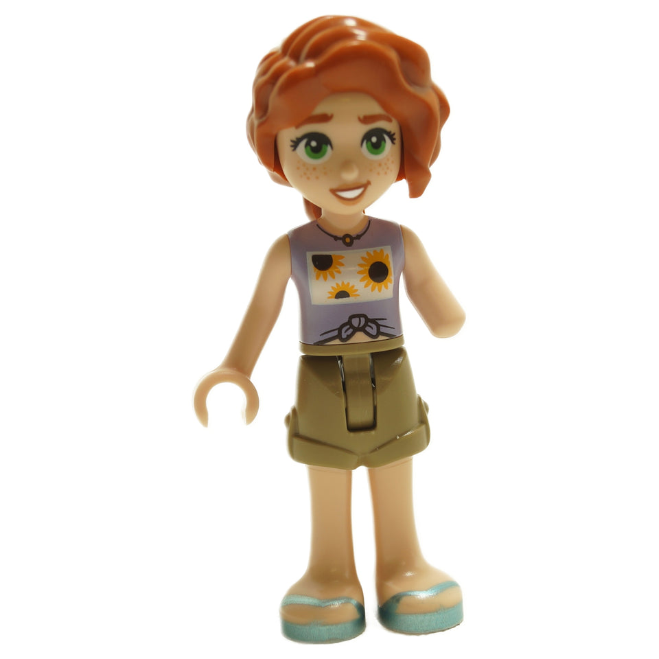 Friends Autumn - Lavender Vest with Sunflowers, Dark Tan Shorts, Metallic Light Blue Sandals
