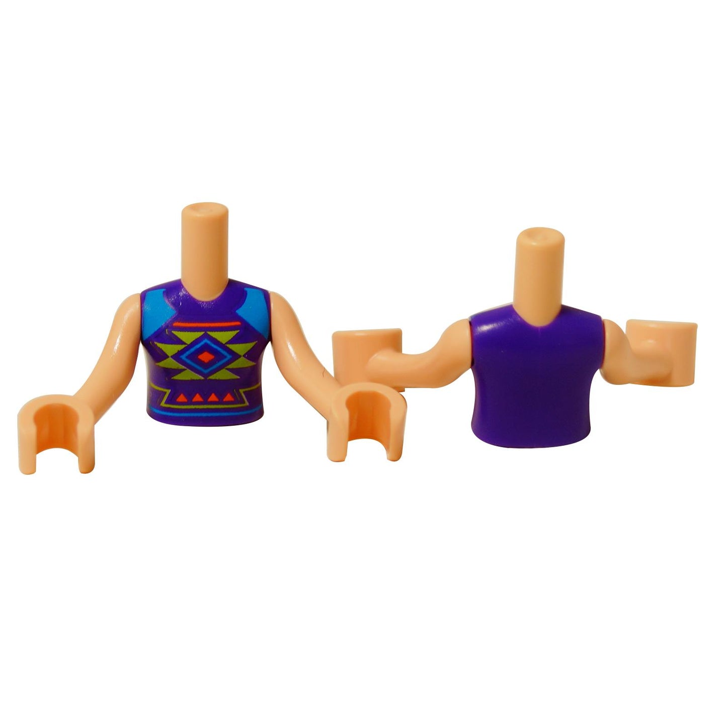 LEGO® Torsos de Friends Paisley con un audaz patrón geométrico en tonos azules y morados, con impresiones detalladas en la parte delantera y trasera para MOCs personalizados creativos.
