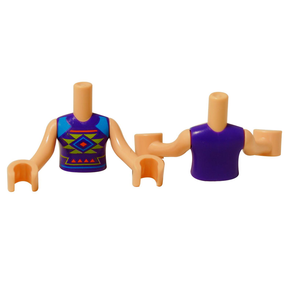 LEGO® Friends Paisley torso with bold geometric pattern in blue and purple tones, featuring detailed front and back prints for creative custom MOCs.
