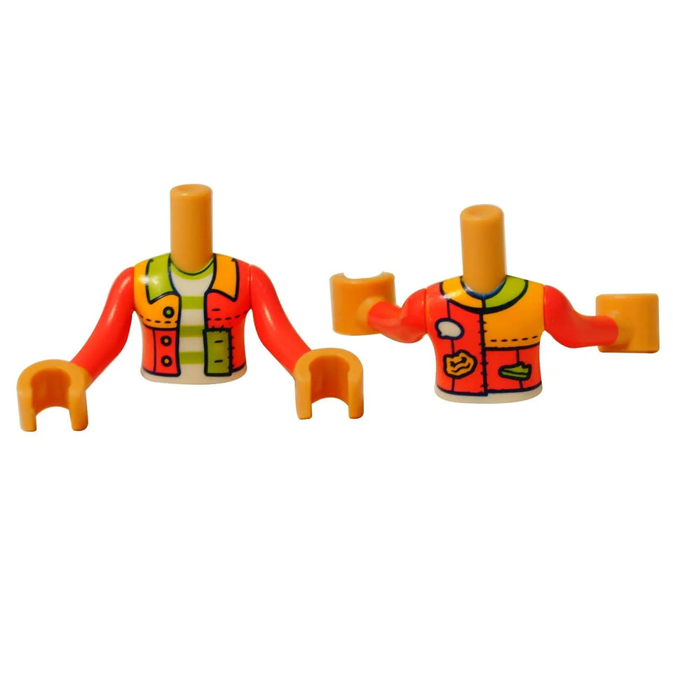 LEGO® Friends Liann torso with bright patchwork jacket and striped shirt print, featuring detailed front and back designs for creative MOCs.
