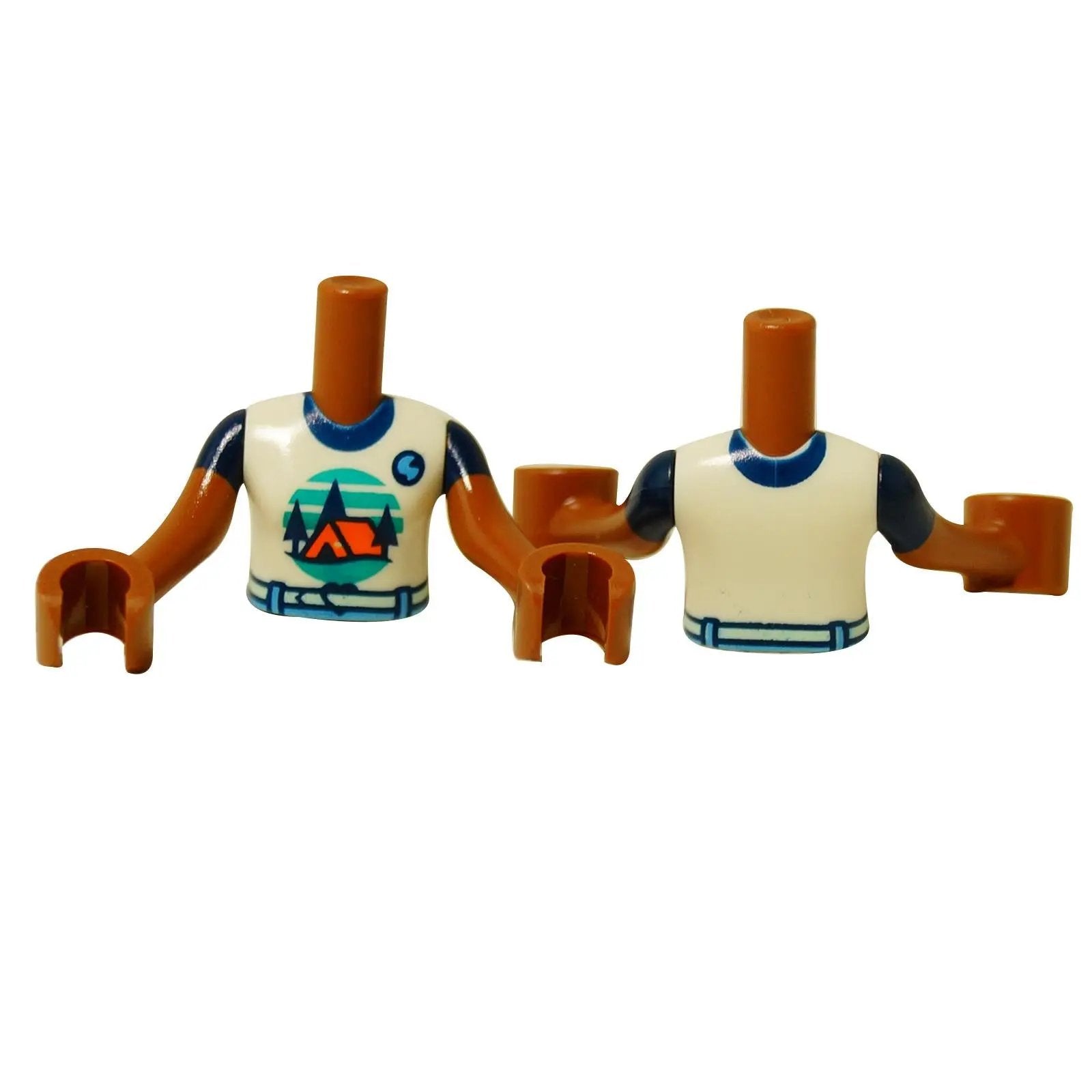 LEGO® Friends Nova torso with camping T-shirt featuring tent and forest print, dual-sided design, perfect for outdoor and adventure MOCs.
