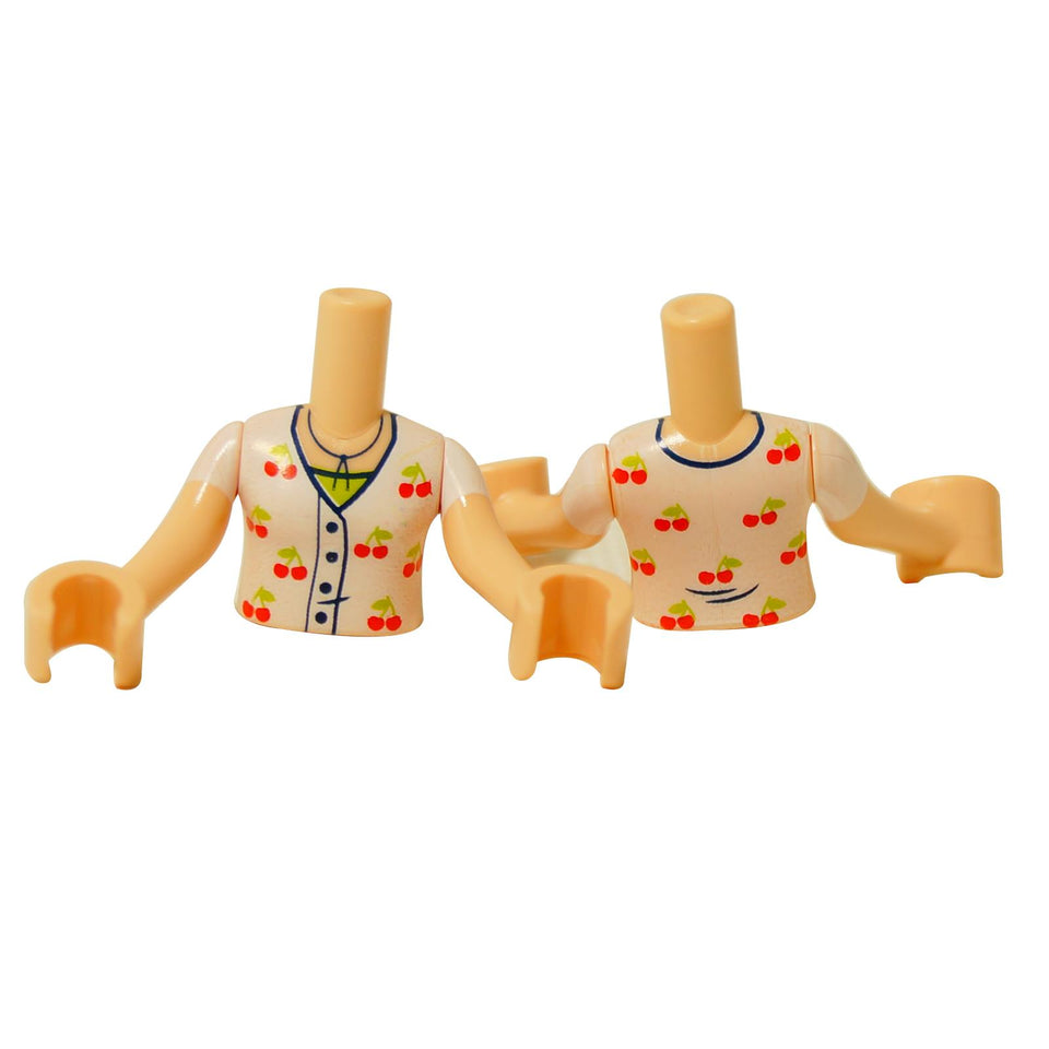 LEGO® Friends Liann’s torso with cherry-printed shirt and tan arms (FTGpb506c01) on a white background.  