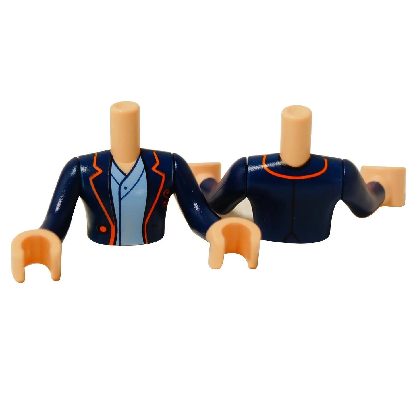 LEGO® Friends Zac’s school blazer torso with dark blue jacket, S print, and detailed uniform styling, ideal for Friends figures and school-themed MOCs.
