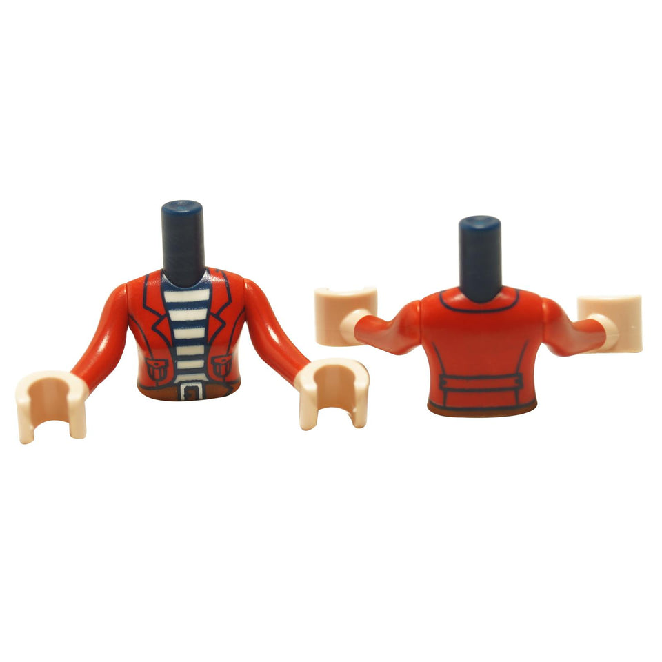 LEGO mini doll torso with a red jacket over a white striped shirt, light beige arms with hands, and a dark orange belt with a buckle pattern.