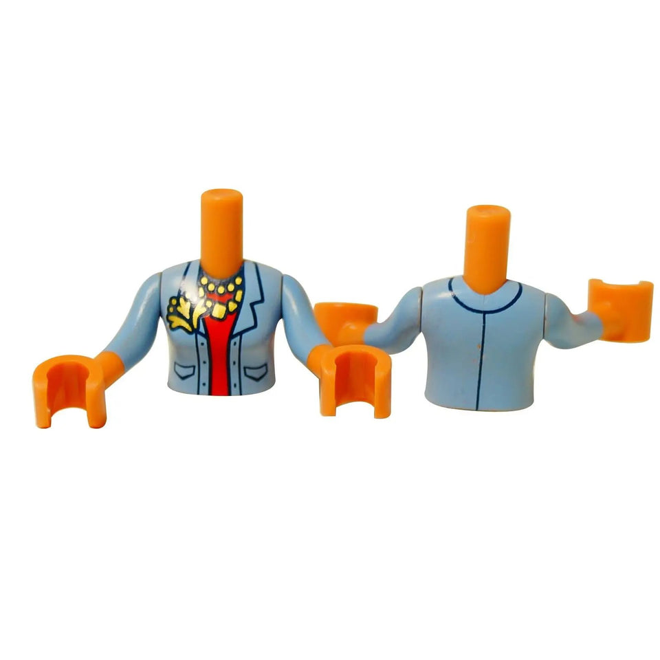LEGO® mini-doll torso with Bright Light Blue open jacket over red shirt, dark blue collar, and gold necklace print, ideal for Friends figures and custom builds.
