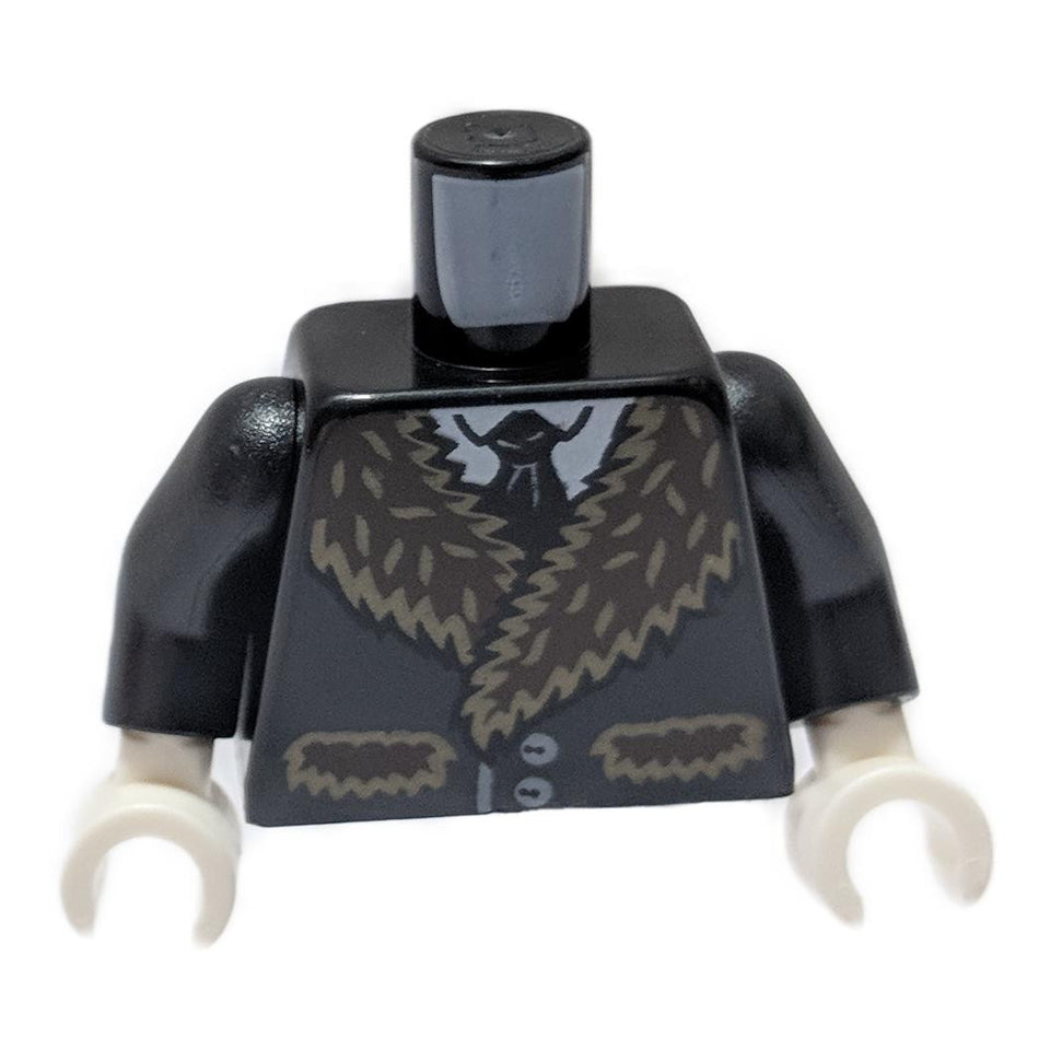 LEGO® minifigure torso with Batman coat print, dark tan fur trim, white shirt, black tie, black arms, and white hands