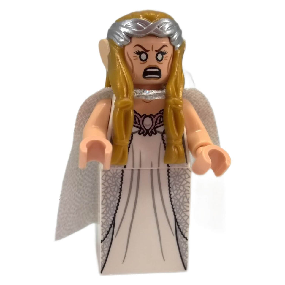 LEGO® Lord of the Rings Galadriel minifigure showing alternate angry face, wearing silver tiara and detailed printed white gown with cape.