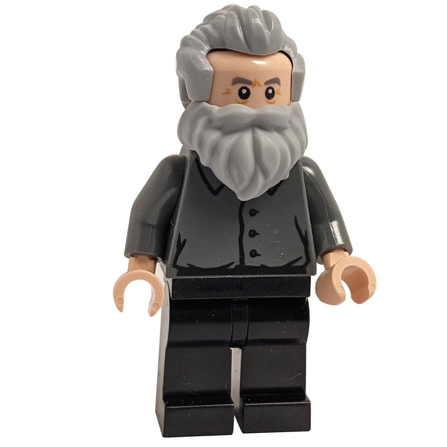 A LEGO minifigure representing Galileo Galilei with a detailed gray outfit and iconic flowing beard.