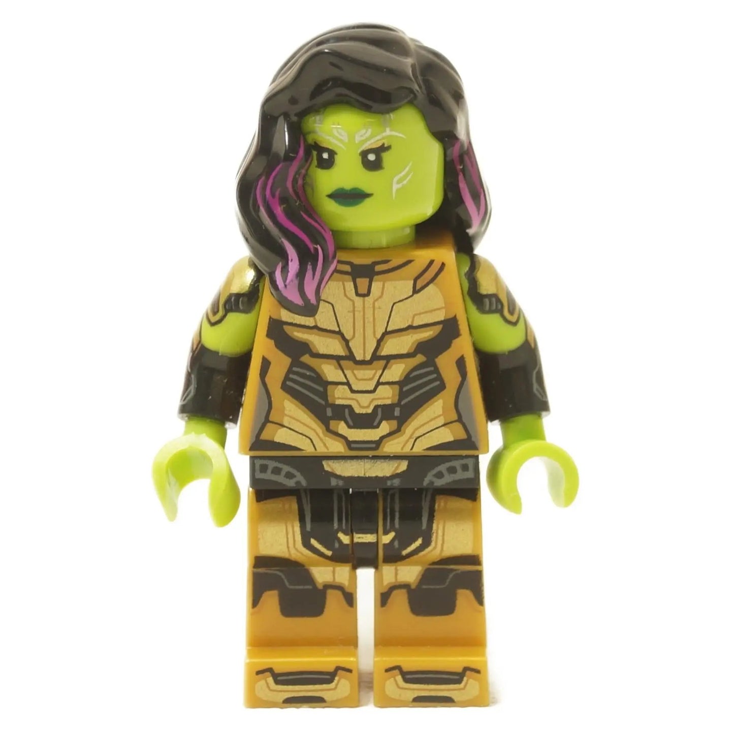 LEGO® Gamora Marvel Studios Series 1 minifigure with green skin, black hair with pink streak and gold armor close-up view