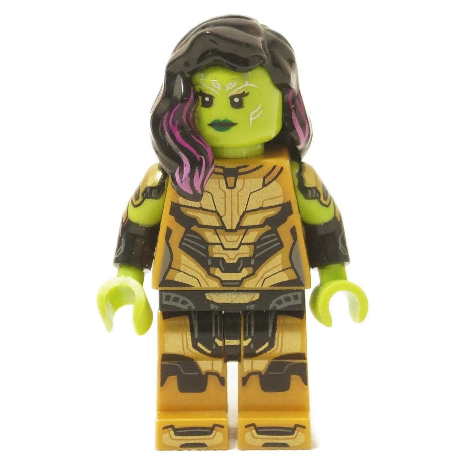 LEGO® Gamora Marvel Studios Series 1 minifigure with green skin, black hair with pink streak and gold armor close-up view