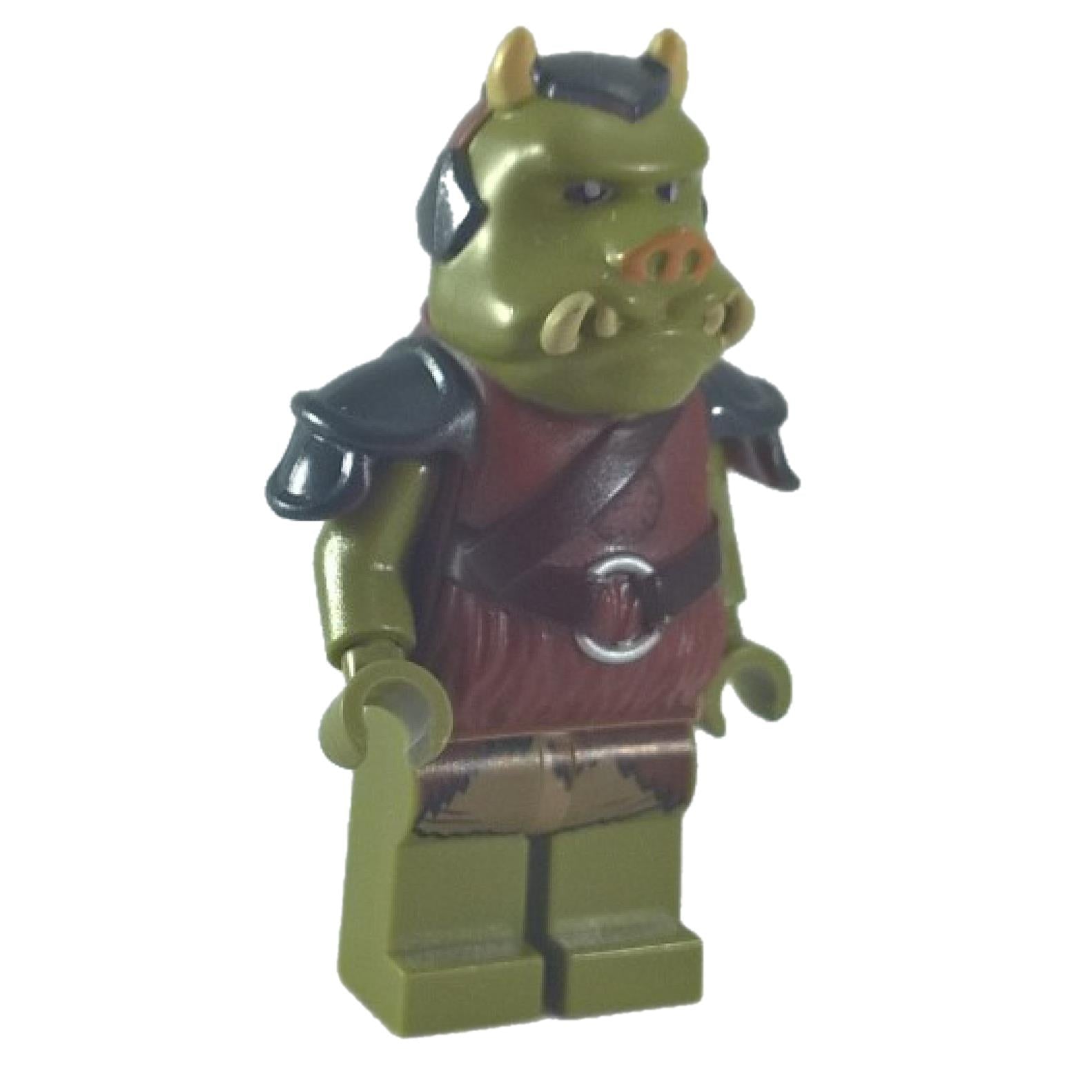 Gamorrean Guard minifigure front view in olive green with detailed armor, shoulder pads, and pig-like head
