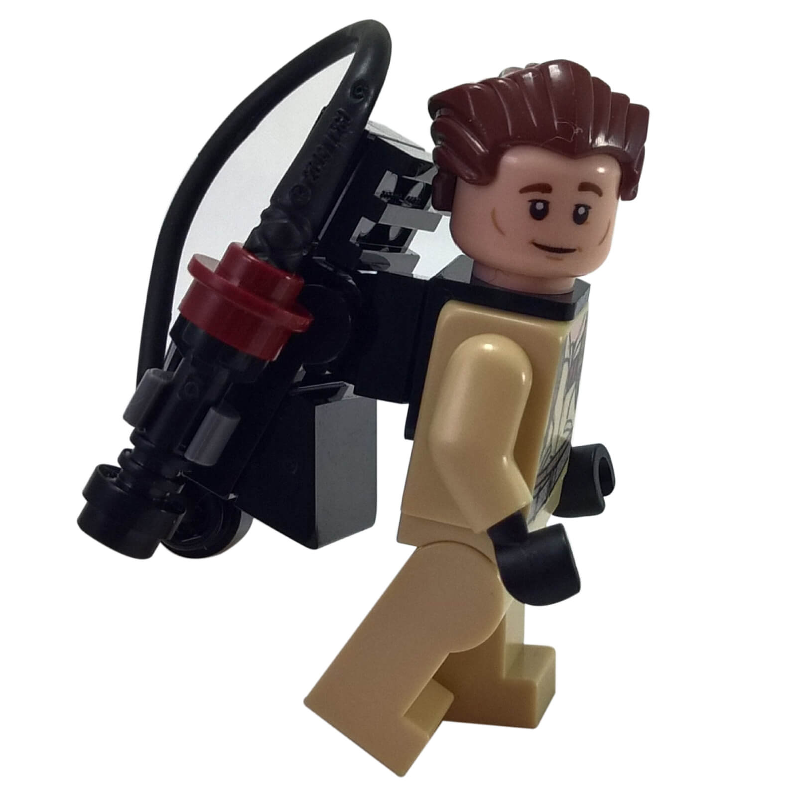 LEGO® Dr. Peter Venkman Minifigure showing proton pack and blaster from side view
