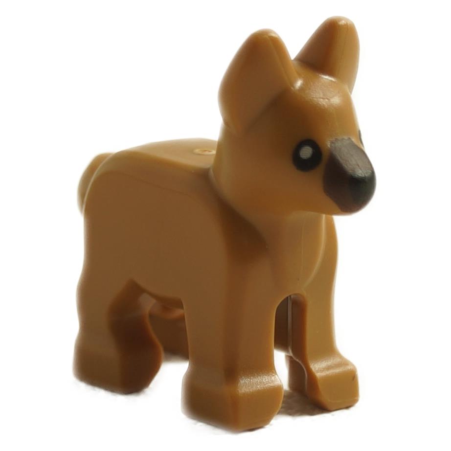 A LEGO minifigure resembling a dark brown Alsatian / German Shepherd puppy with black eyes and nose.