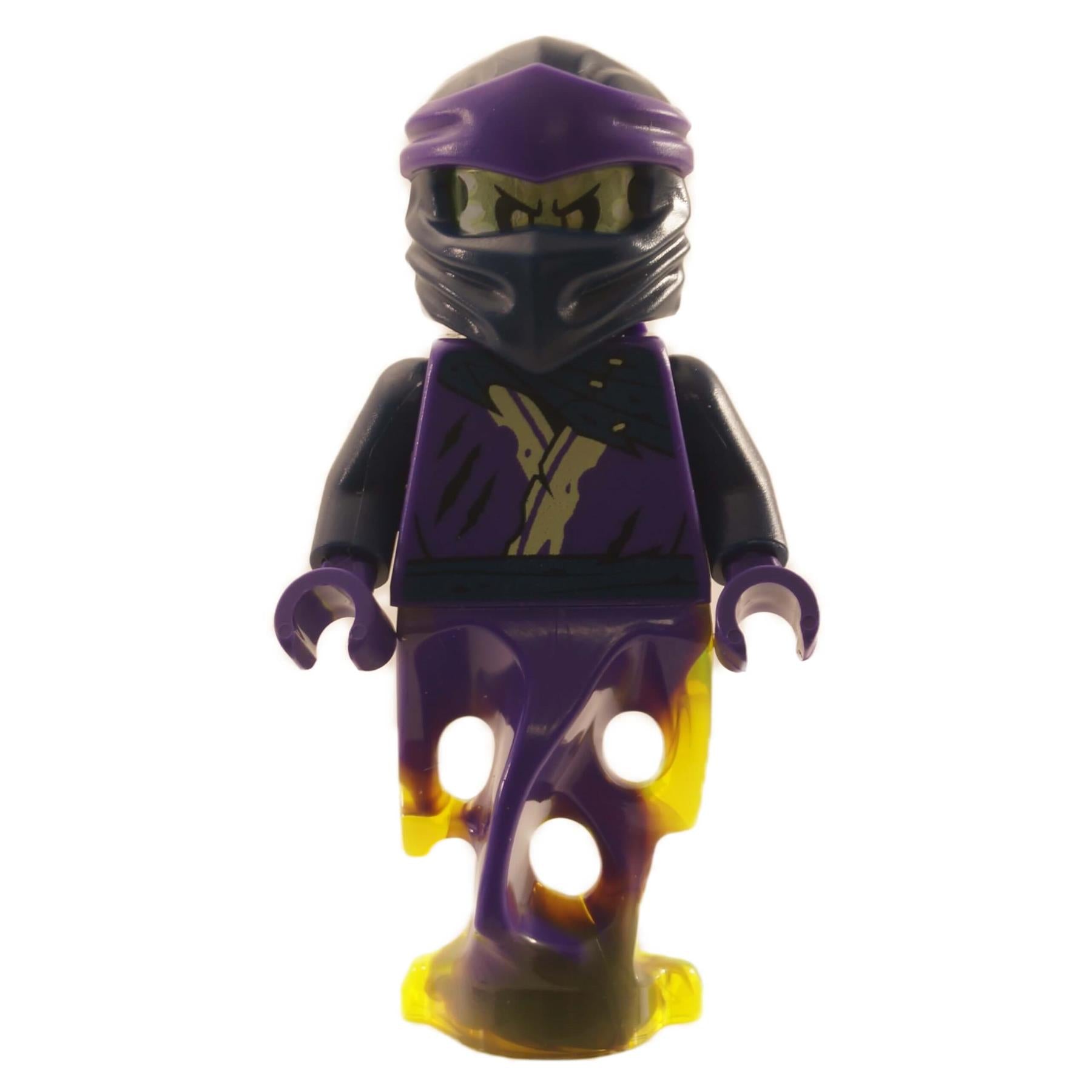 LEGO minifigure representing a ghostly character with a purple and black outfit, featuring a mask with green eyes and transparent legs.