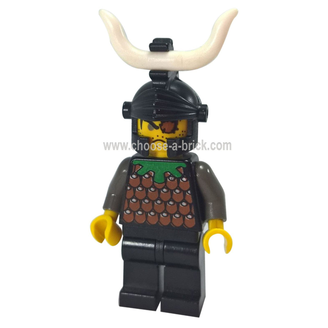 LEGO® Gilbert the Bad minifigure cas043 with black dragon helmet, white horns and printed scale armour