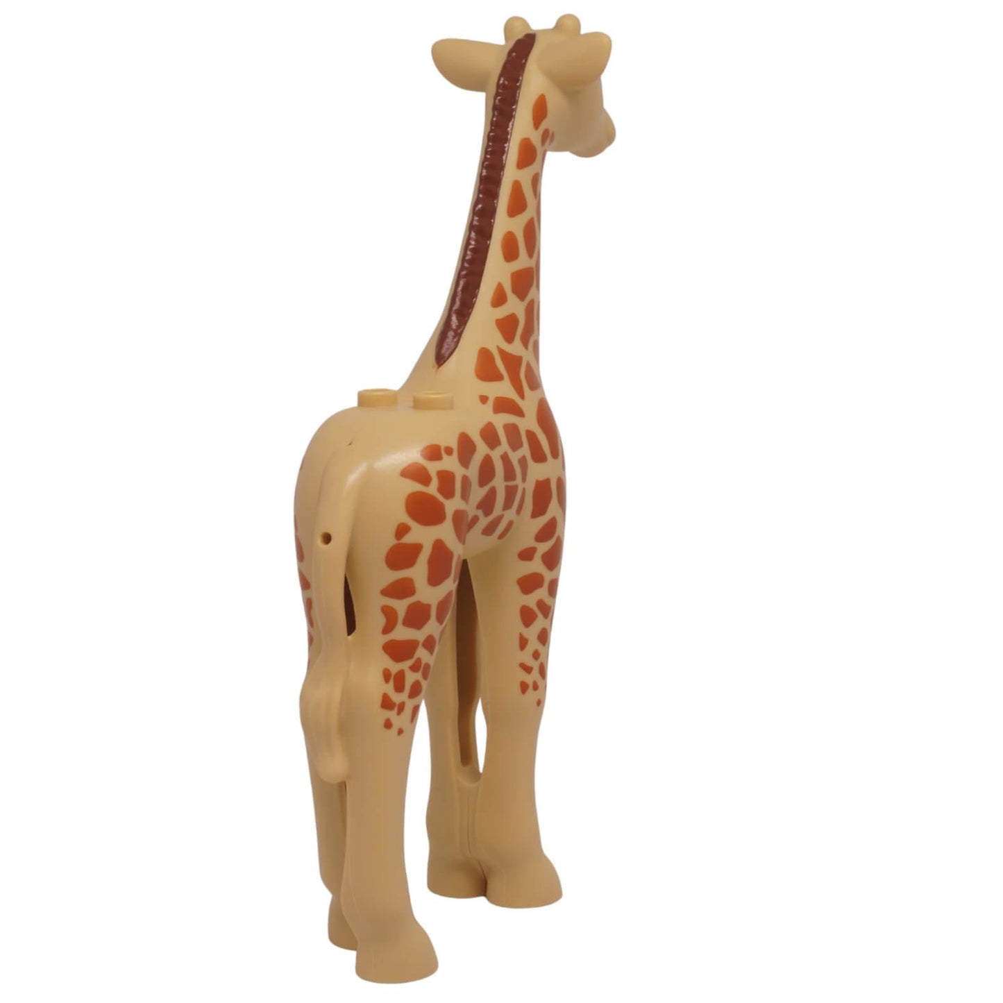 rear view of LEGO Friends tan giraffe figure with dark orange spots, reddish brown mane, and two studs on its back.