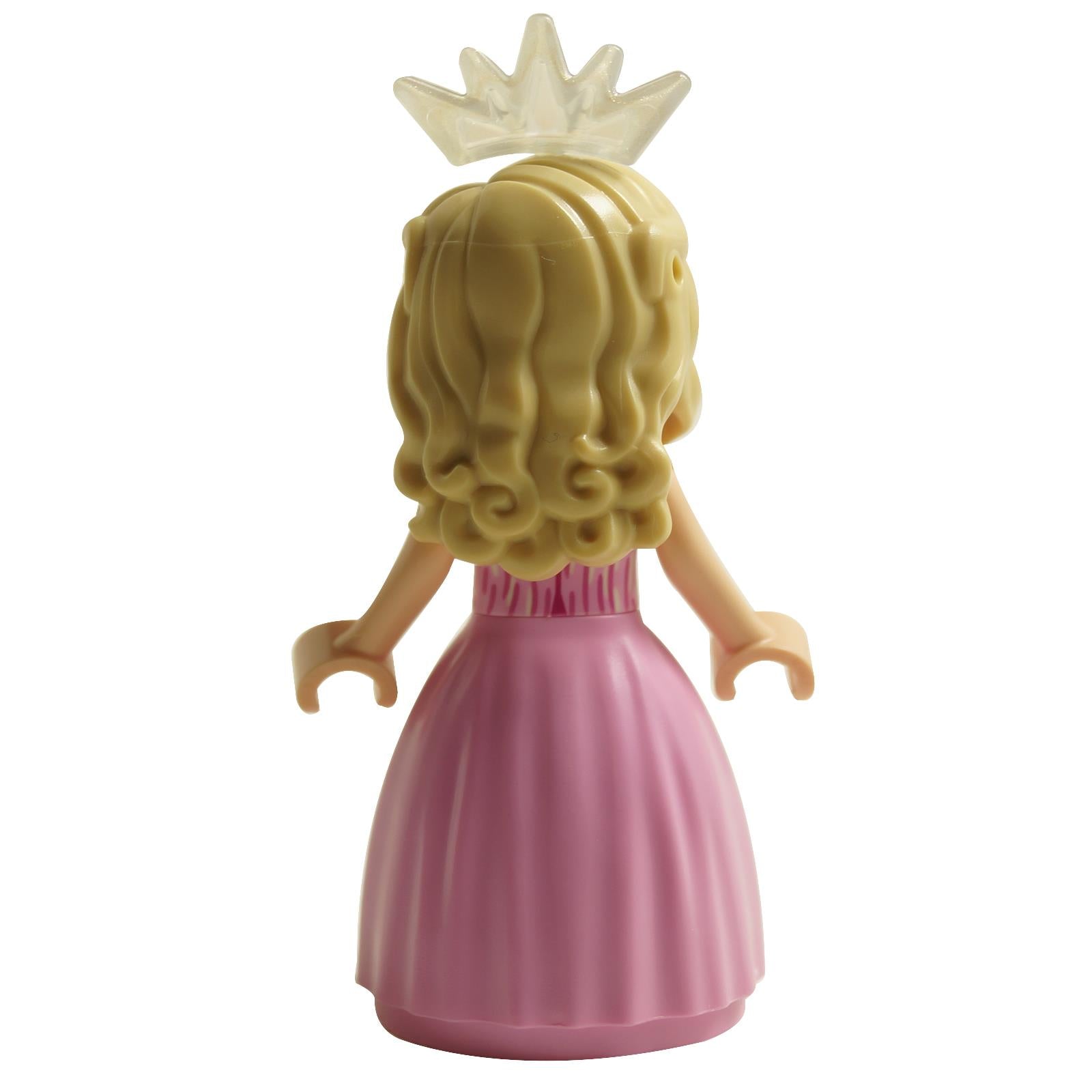Back view of LEGO® Glinda mini-doll wck009 with long blonde hair, pink dress, and crown accessory
