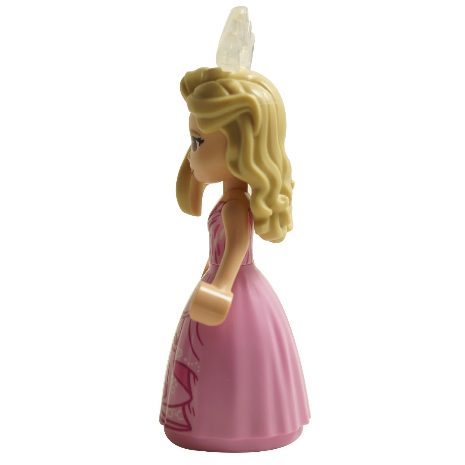 Side view of LEGO® Glinda mini-doll wck009 with long blonde hair and pink dress
