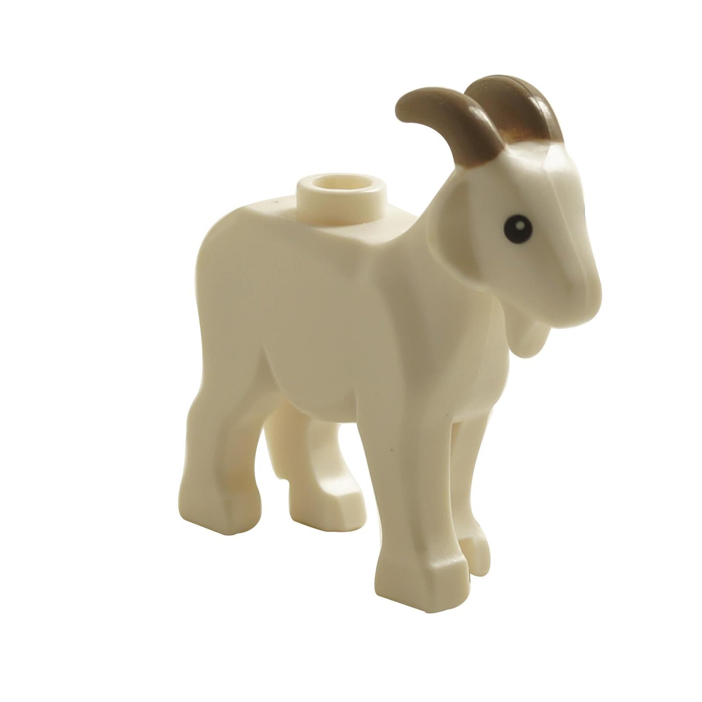 A LEGO piece in the shape of a goat with black eyes and dark tan horns.