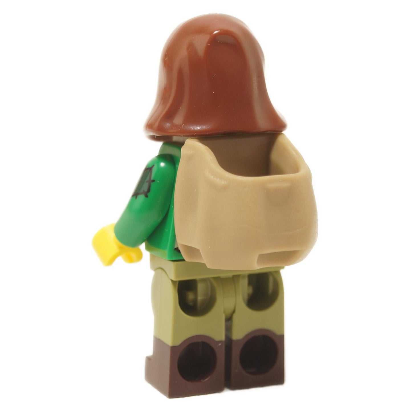 Rear view of Goatherd minifigure from Series 25 showing brown hood, green torso and tan backpack accessory
