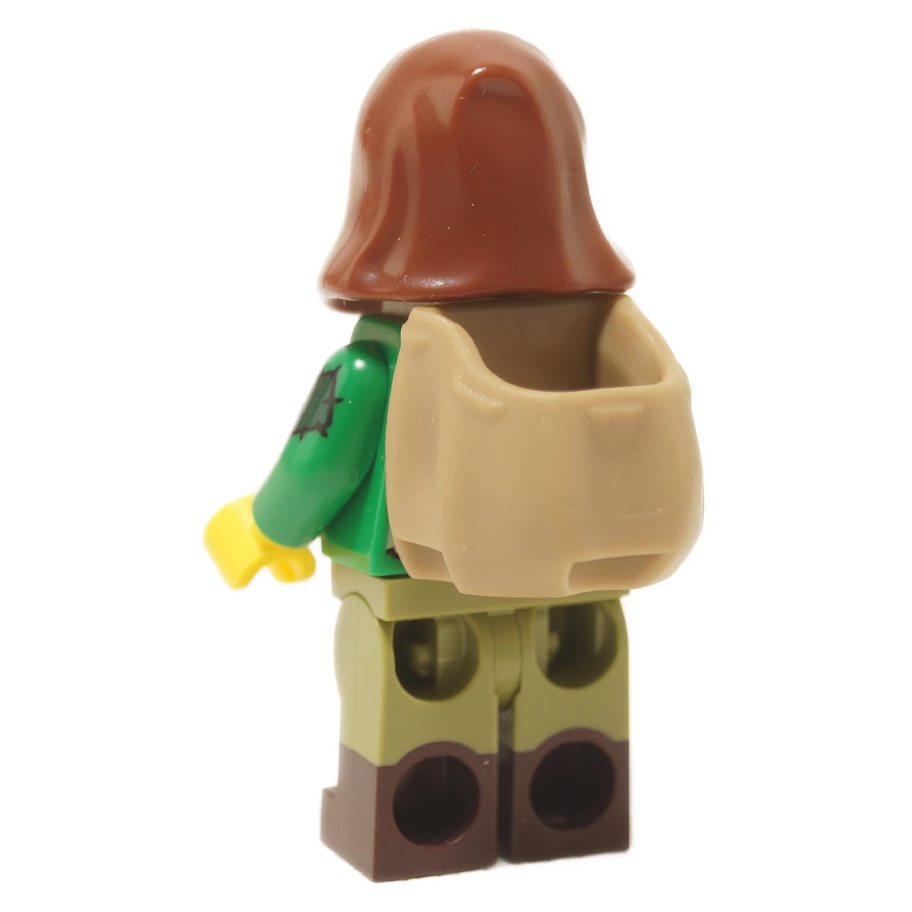 Rear view of Goatherd minifigure from Series 25 showing brown hood, green torso and tan backpack accessory
