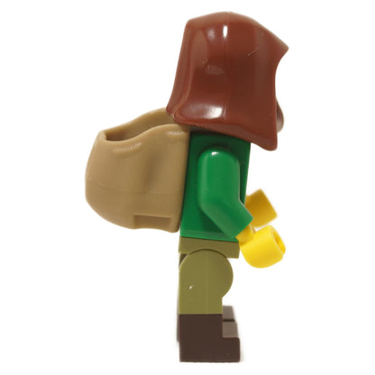 Side view of Goatherd minifigure from Series 25 showing brown hood, green torso and tan backpack accessory
