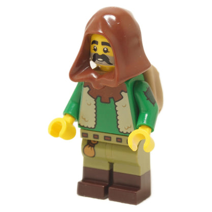 Goatherd minifigure from Series 25 wearing green tunic, fur vest and brown hood, moustached face, front angled view
