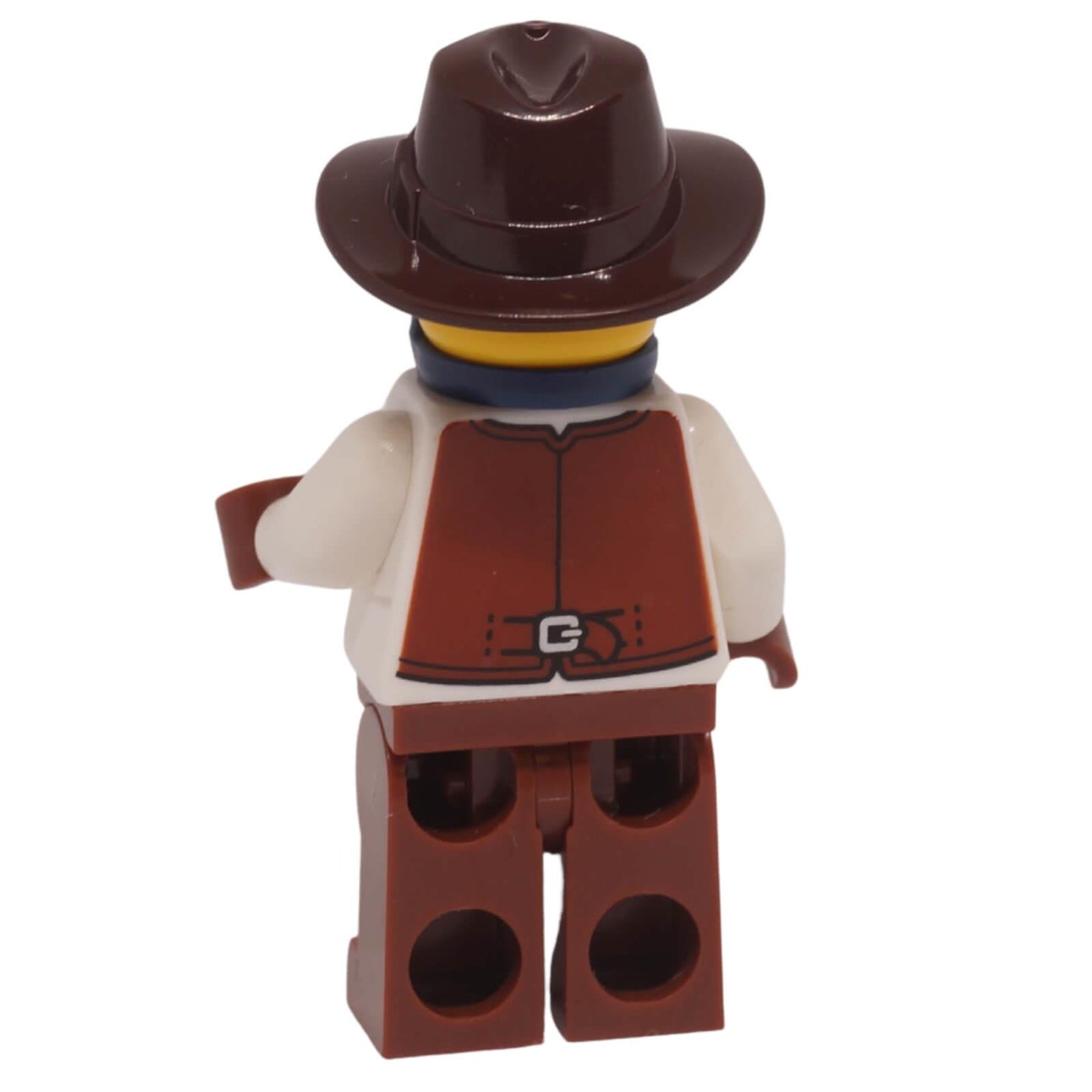 LEGO Gold Mine Miner Minifigure bdp306 with dark blue bandana and dark brown fedora back profile