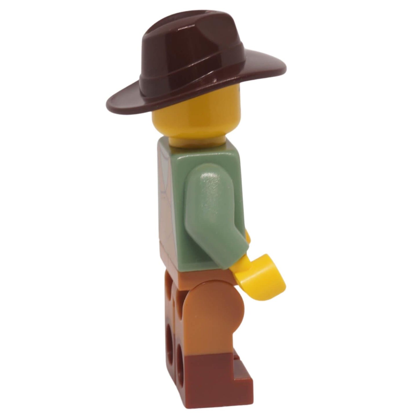 LEGO Gold Mine Miner Minifigure bdp305 with printed overalls and dark brown fedora side view