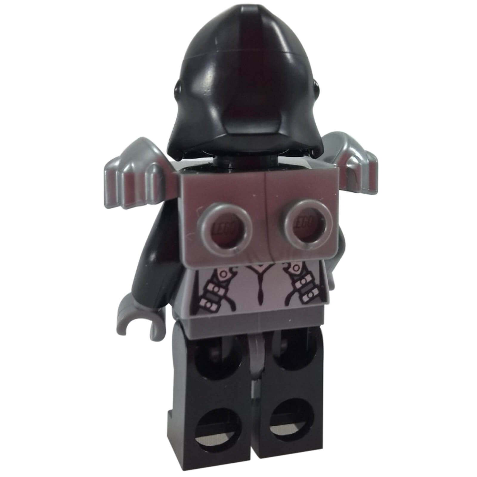 back view of Gorzan loc068 with printed gorilla headpiece, flat-silver armour and transparent blue chest element