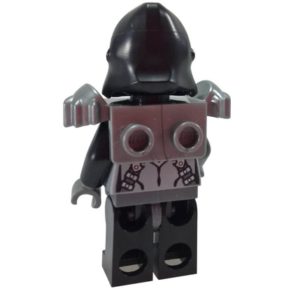 back view of Gorzan loc068 with printed gorilla headpiece, flat-silver armour and transparent blue chest element