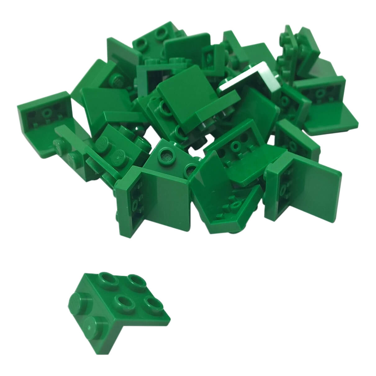 Pile of dark green LEGO Bracket 1x2 - 2x2 pieces (44728) with one piece separated at the bottom left.