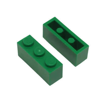 Green 1x3 brick building piece with three studs on top for minifigure scale builds
