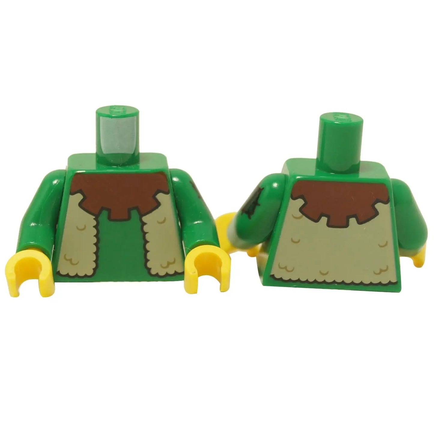 Green Forestman minifigure torso with brown and tan fur vest print, shown front and back with green arms and yellow hands
