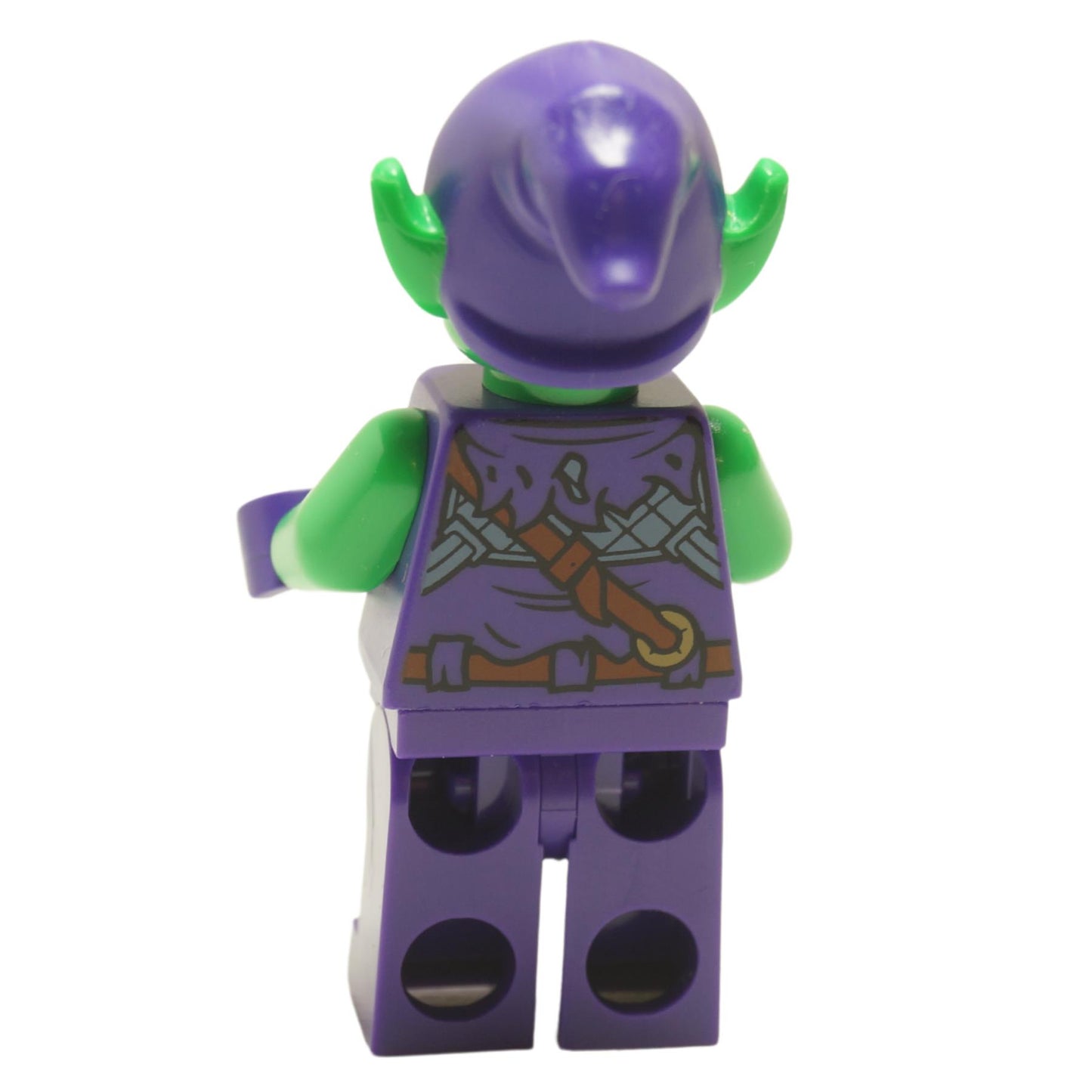 Back view of Green Goblin minifigure with bright green head and dark purple outfit