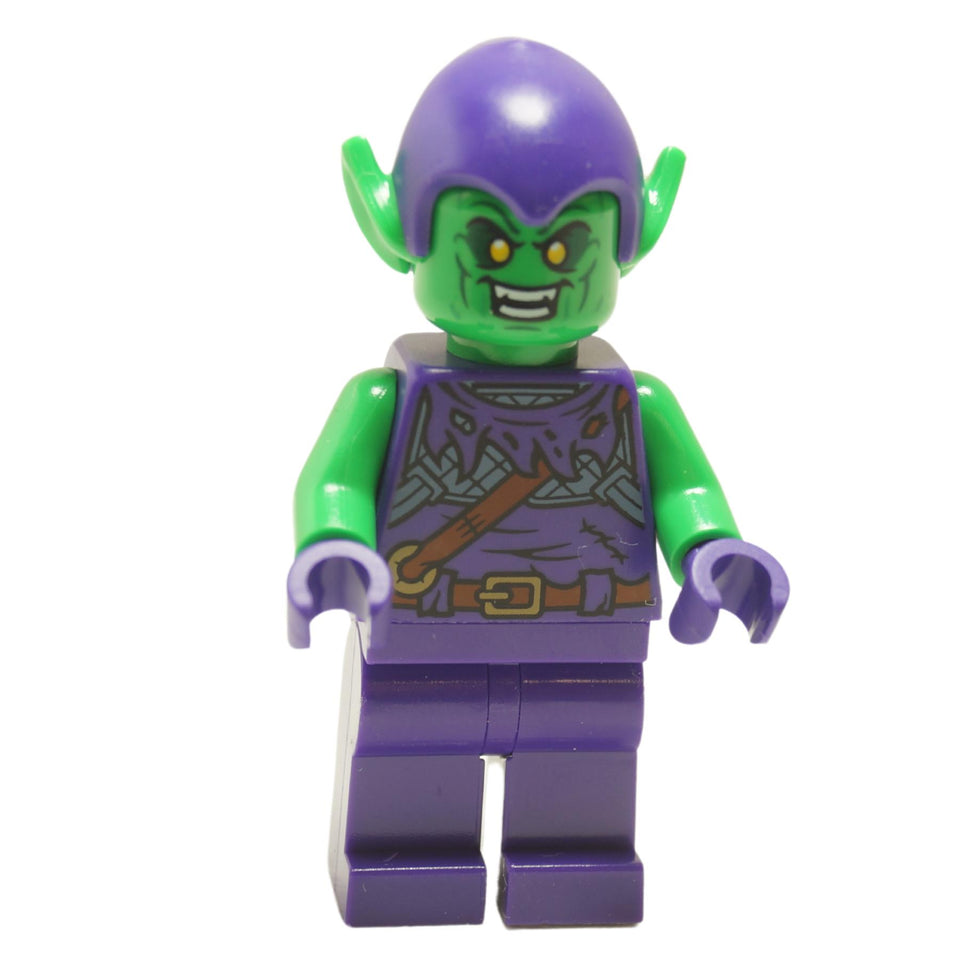 LEGO minifigure of Green Goblin with bright green face, dark purple outfit, and pointed purple helmet.