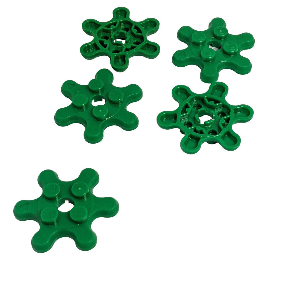 Five green LEGO 35442 round 2x2 plates with 6 gear teeth or petals.