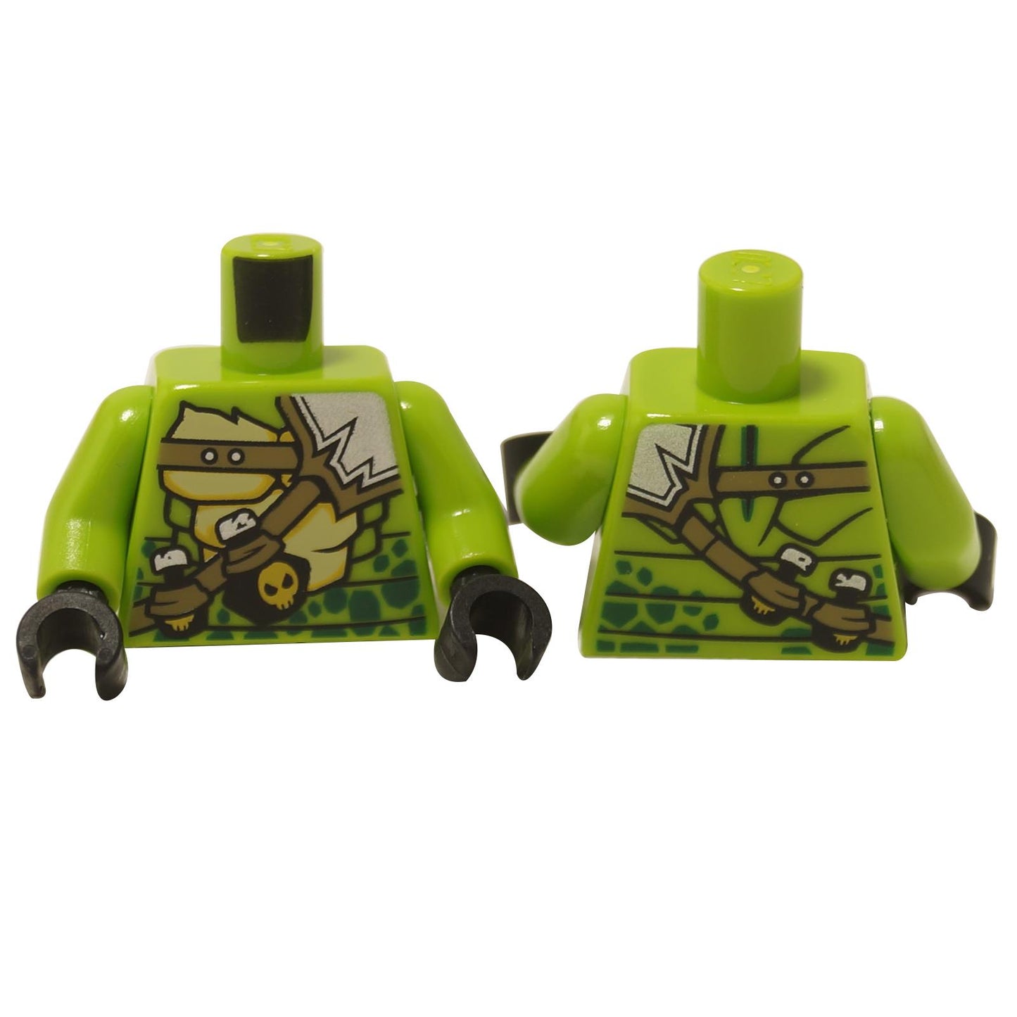 Green Ninjago snake minifigure torso with scale pattern, dark tan shoulder belt and black vials with skull print
