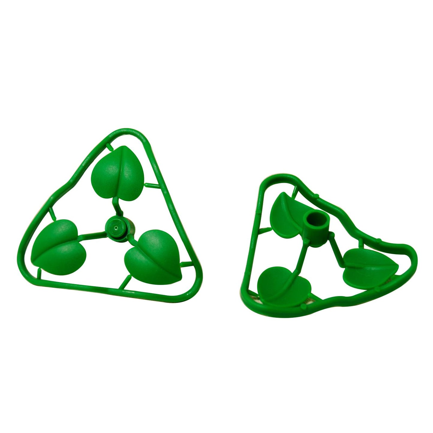 Two green LEGO Plant Stem sprue frames, each holding three heart-shaped leaves, against white.