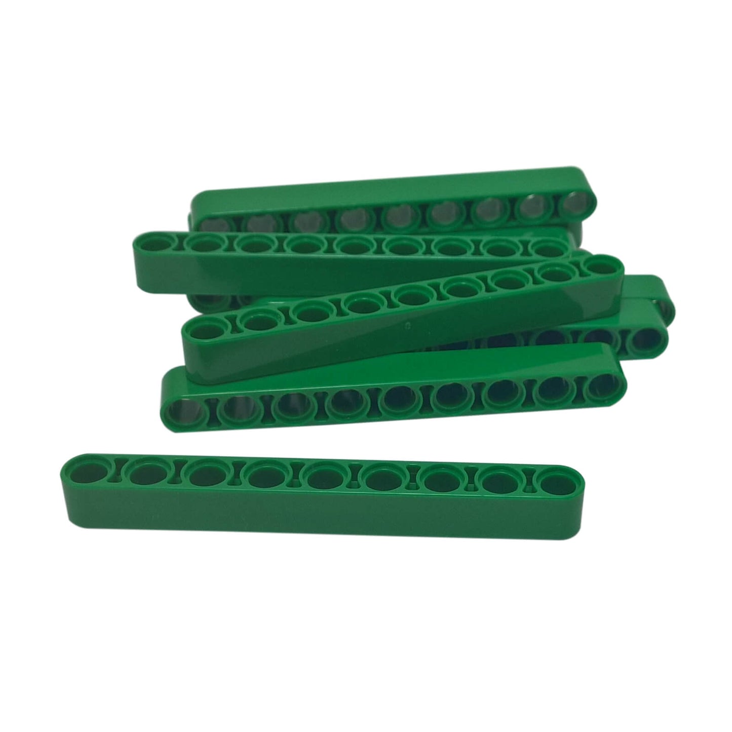 Green Technic liftarm 1 x 9 thick beam with evenly spaced pin holes, sturdy structural connector for builds
``
