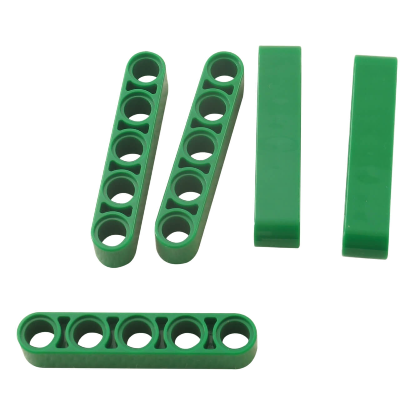 Grupo de piezas de LEGO Technic 1x5 Thick Liftarm (32316) mostradas en colores verde oscuro y verde lima.
