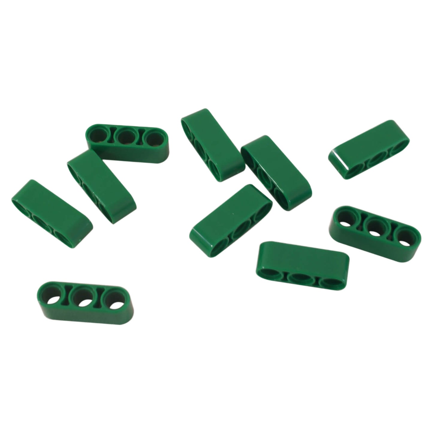 group of green LEGO Technic 1x3 Thick Liftarm pieces (32523).