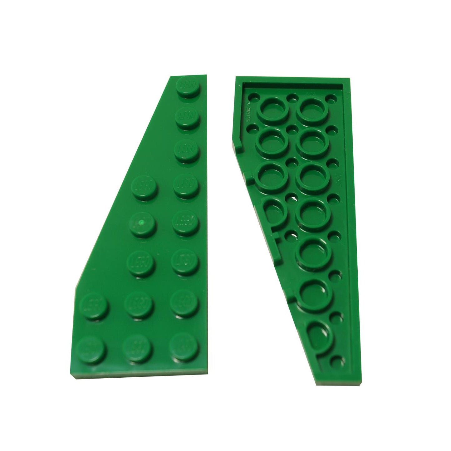 Two green LEGO Wedge Plate 8x3 Left pieces (50305) shown: studded top and hollow bottom.