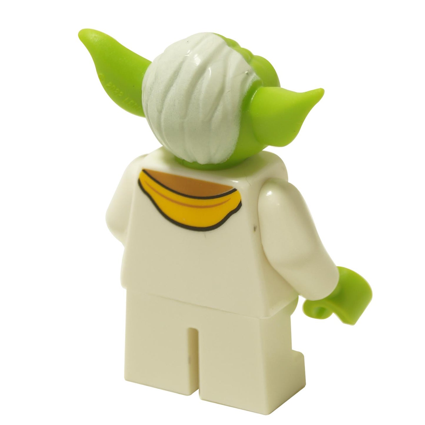 Back view of green Yoda minifigure with white Jedi robe and pointed ears
