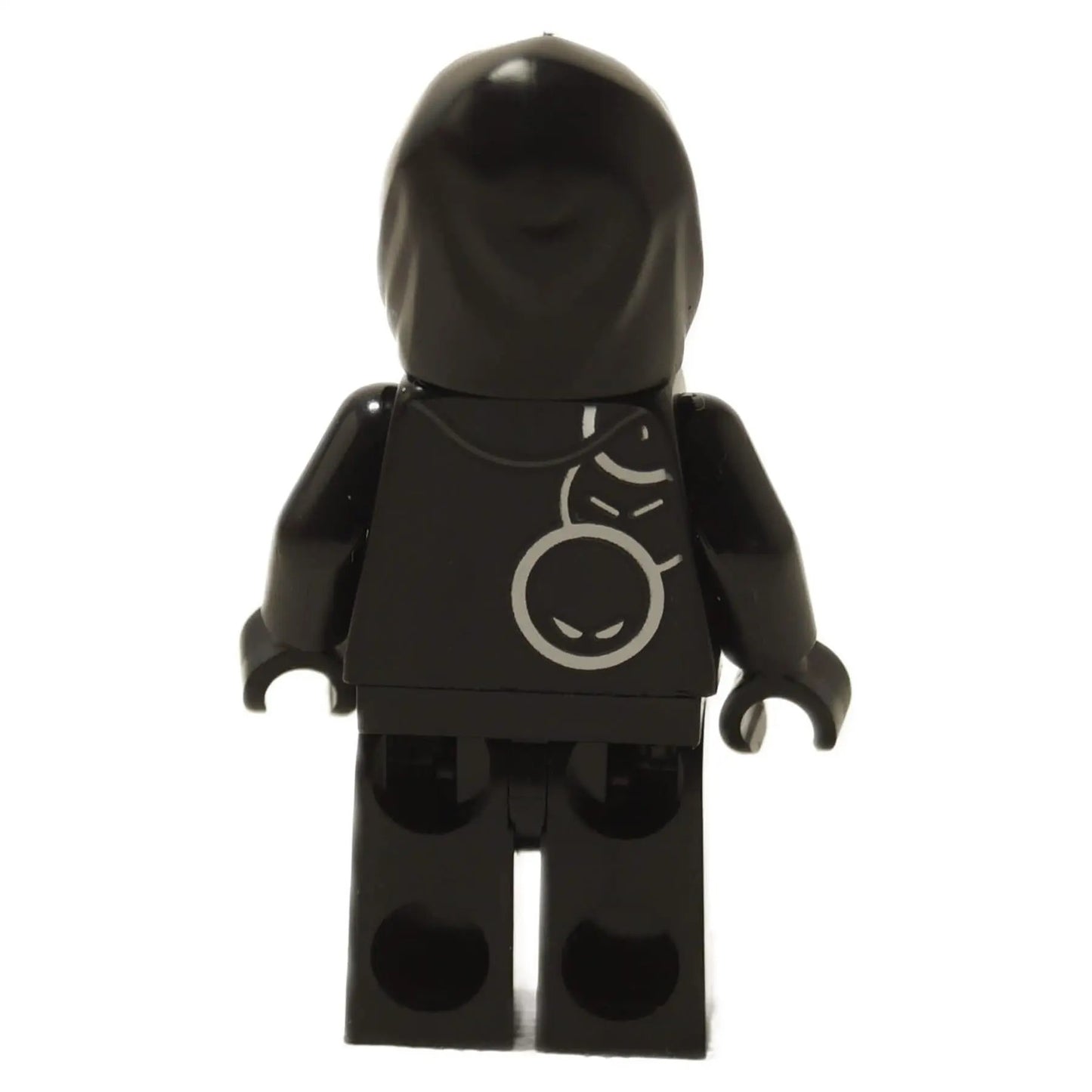 LEGO® Fortnite Grimey minifigure from set 77076 with black hood, ghost face, and printed soul design, back profile view.