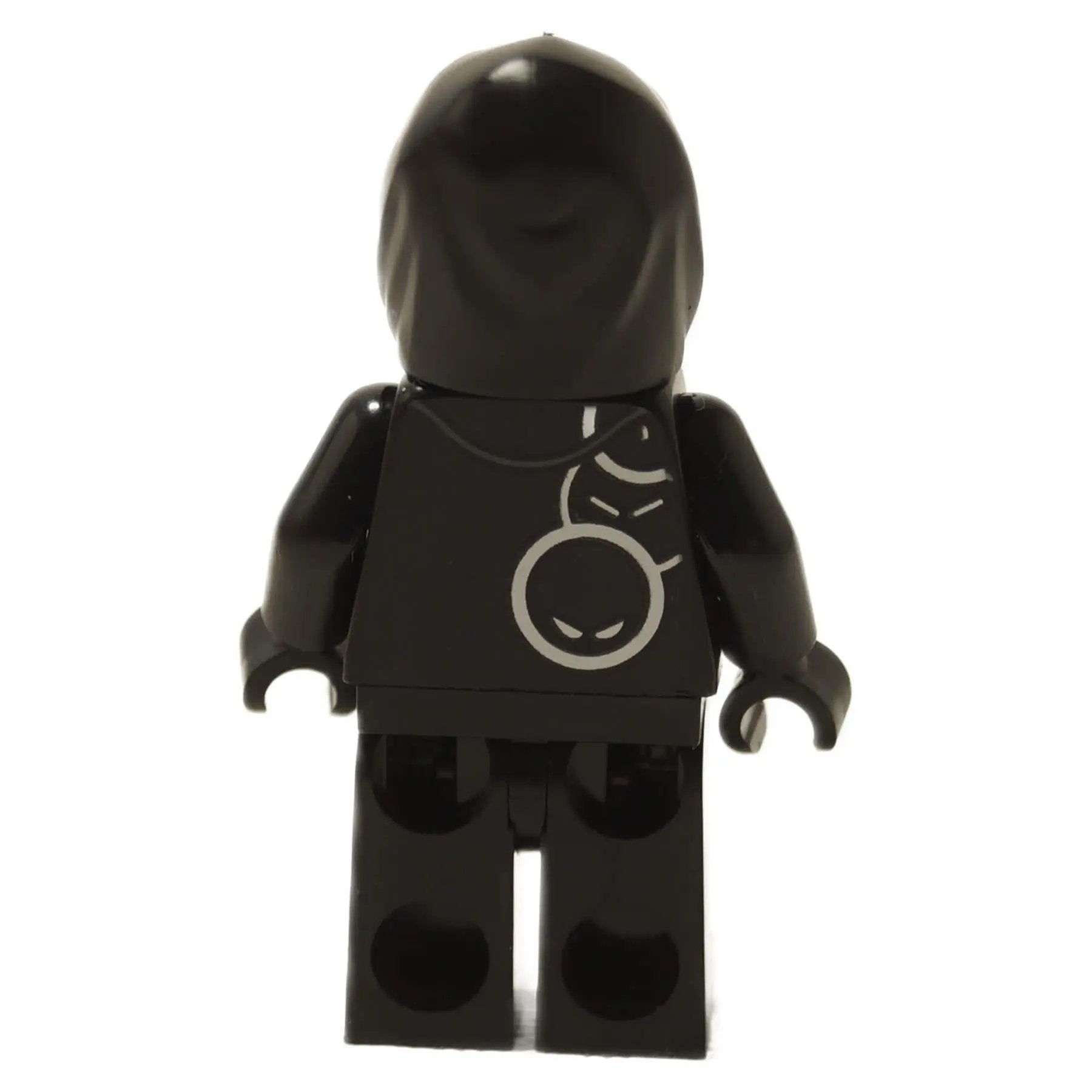 LEGO® Fortnite Grimey minifigure from set 77076 with black hood, ghost face, and printed soul design, back profile view.