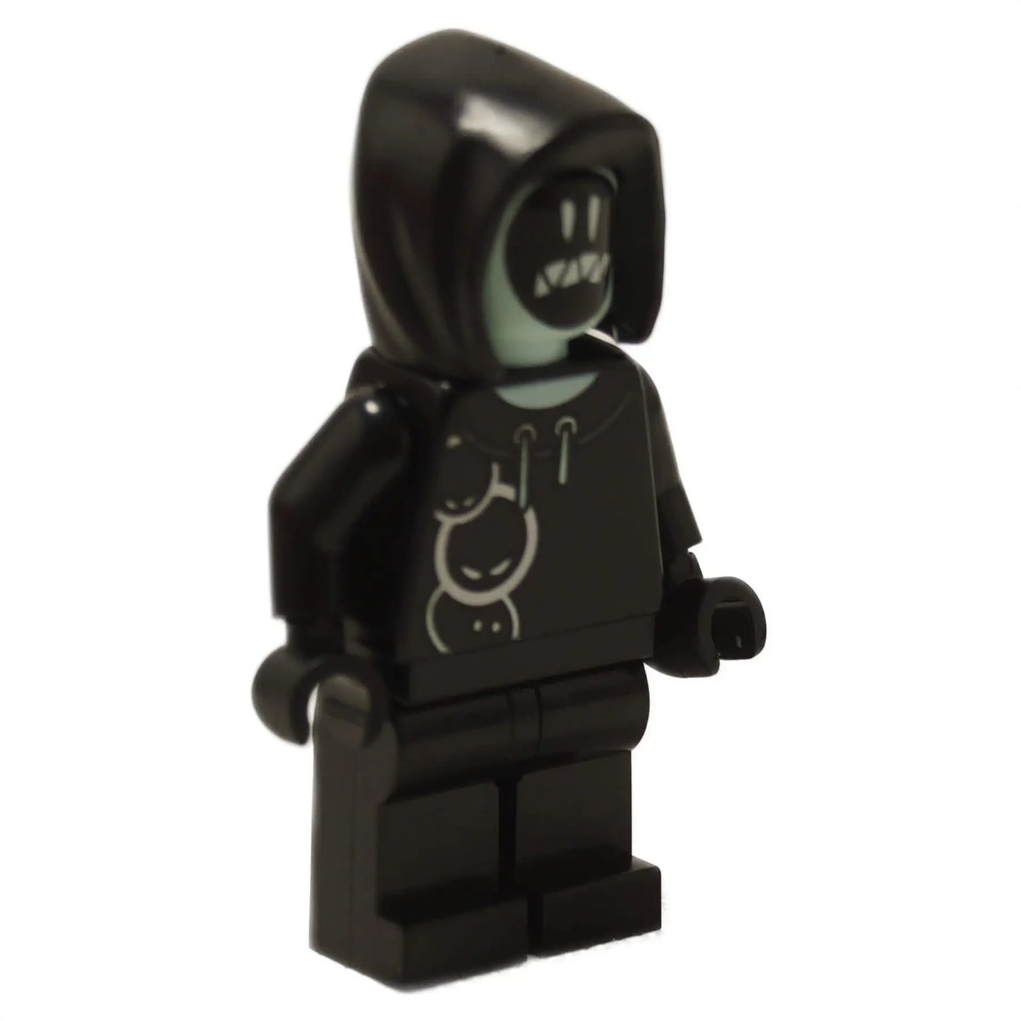 LEGO® Fortnite Grimey minifigure fort011 from set 77076 with black hooded outfit and glowing face print
