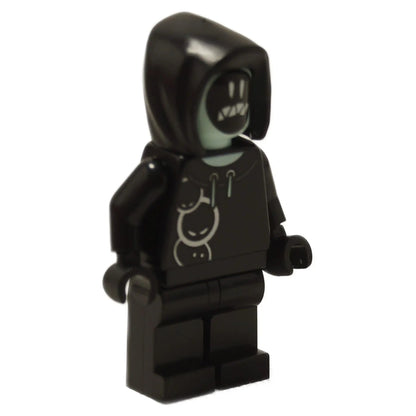LEGO® Fortnite Grimey minifigure fort011 from set 77076 with black hooded outfit and glowing face print